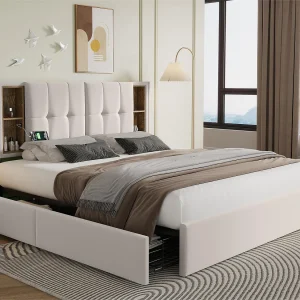 Bed met lades 160x200cm bekleed met fluweel – met draadloos opladen en lattenbodem – Beige