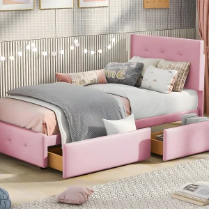 Gestoffeerd fluwelen bed 90x200cm – eenpersoonsbed met 2 lades en lattenbodem – Roze Gestoffeerd fluwelen bed 90x200cm – eenpersoonsbed met 2 lades en lattenbodem – Roze
