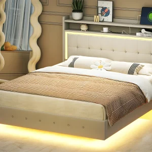 Gewatteerd bed 140x200cm in linnenstof – met USB en LED-aansluiting – Beige Gewatteerd bed 140x200cm in linnenstof – met USB en LED-aansluiting – Beige