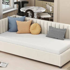 Gestoffeerd eenpersoonsbed 90×200 cm – stof fluweel – met lattenbodem – Beige