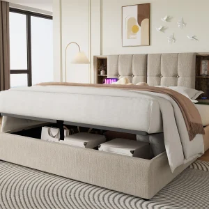 Gestoffeerd opbergbed 140×200 cm – met draadloos opladen en opbergkop – linnen stof – Beige Gestoffeerd opbergbed 140×200 cm – met draadloos opladen en opbergkop – linnen stof – Beige