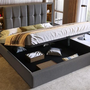 Gewatteerd opbergbed 180×200 cm – met draadloos opladen en opberghoofd – katoenen stof – Grijs Gewatteerd opbergbed 180×200 cm – met draadloos opladen en opberghoofd – katoenen stof – Grijs