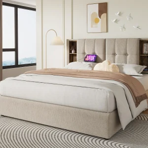 Gestoffeerd opbergbed 180×200 cm – met draadloos opladen en opbergkop – linnen stof – Beige Gestoffeerd opbergbed 180×200 cm – met draadloos opladen en opbergkop – linnen stof – Beige