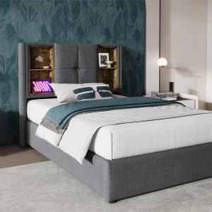 Gewatteerd opbergbed 90×200 cm – met draadloos opladen en opberghoofd – katoenen stof – Grijs
