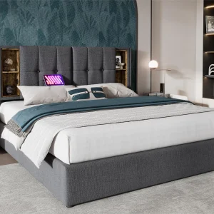Gewatteerd opbergbed 160×200 cm – met draadloos opladen en opberghoofd – katoenen stof – Grijs Gewatteerd opbergbed 160×200 cm – met draadloos opladen en opberghoofd – katoenen stof – Grijs
