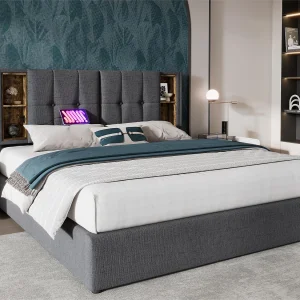 Gewatteerd opbergbed 140×200 cm – met draadloos opladen en opberghoofd – katoenen stof – Grijs Gewatteerd opbergbed 140×200 cm – met draadloos opladen en opberghoofd – katoenen stof – Grijs