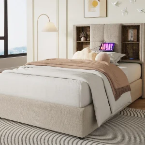 Gestoffeerd opbergbed 90×200 cm – met draadloos opladen en opbergkop – linnen stof – Beige Gestoffeerd opbergbed 90×200 cm – met draadloos opladen en opbergkop – linnen stof – Beige