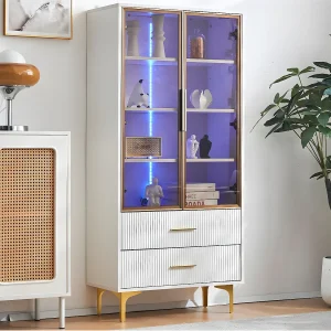 Moderne vitrinekast met LED-verlichting en verwijderbare planken – H 150 cm – 2 glazen deuren en 2 laden – Wit Moderne vitrinekast met LED-verlichting en verwijderbare planken – H 150 cm – 2 glazen deuren en 2 laden – Wit