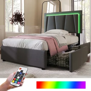 Gestoffeerd kinderbed 90 x 200 cm 2 lades + verstelbaar hoofdeinde – LED's – Grijs Gestoffeerd kinderbed 90 x 200 cm 2 lades + verstelbaar hoofdeinde – LED's – Grijs