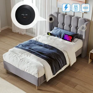 Gewatteerd bed 90 x 200 cm voor kinderen of volwassenen – USB + type C – linnenstof – grijs Gewatteerd bed 90 x 200 cm voor kinderen of volwassenen – USB + type C – linnenstof – grijs