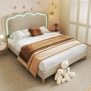 Gestoffeerd bed 140 x 200 cm met verstelbaar hoofdeinde voor slaapkamer – LED's – linnenstof – beige Gestoffeerd bed 140 x 200 cm met verstelbaar hoofdeinde voor slaapkamer – LED's – linnenstof – beige
