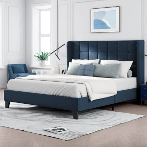Gestoffeerd volwassenenbed met hoofdeinde – 140 x 200 cm – linnen stof – blauw Gestoffeerd volwassenenbed met hoofdeinde – 140 x 200 cm – linnen stof – blauw
