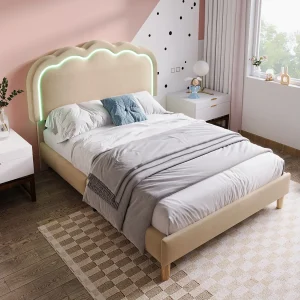 Gestoffeerd bed 90 x 190 cm met verstelbaar hoofdeinde voor slaapkamer – LED's – linnenstof – beige