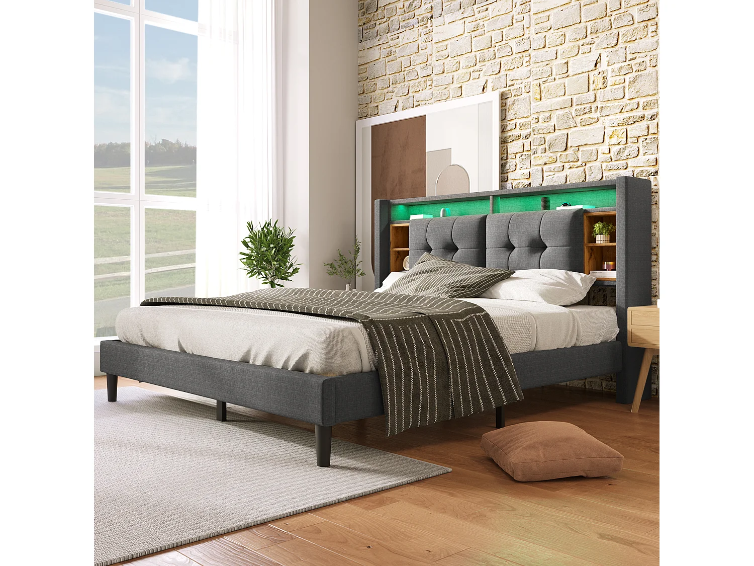 Gestoffeerd bed, tweepersoonsbed, hoofdeinde met USB-oplader en LED-verlichting, houten lattenbodem, 140 x 200 cm, grijs (zonder matras).