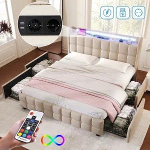 Gewatteerd bed voor volwassenen 180 x 200 cm met 4 laden – USB + LED's – linnenstof – beige Gewatteerd bed voor volwassenen 180 x 200 cm met 4 laden – USB + LED's – linnenstof – beige