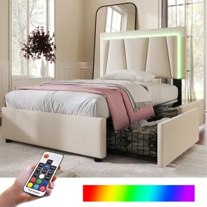 Gestoffeerd kinderbed 90 x 200 cm 2 lades + verstelbaar hoofdeinde – LED's – Beige Gestoffeerd kinderbed 90 x 200 cm 2 lades + verstelbaar hoofdeinde – LED's – Beige