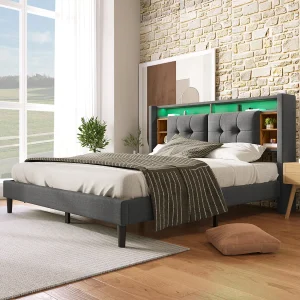 Gestoffeerd bed, tweepersoonsbed, hoofdeinde met USB-oplader en LED-verlichting, houten lattenbodem, 160 x 200 cm, grijs (zonder matras). Gestoffeerd bed, tweepersoonsbed, hoofdeinde met USB-oplader en LED-verlichting, houten lattenbodem, 160 x 200 cm, grijs (zonder matras).