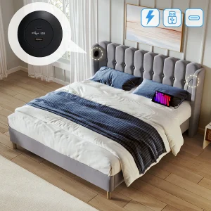 Gestoffeerd bed 160 x 200 cm voor volwassenen – USB + type C – linnen stof – grijs Gestoffeerd bed 160 x 200 cm voor volwassenen – USB + type C – linnen stof – grijs