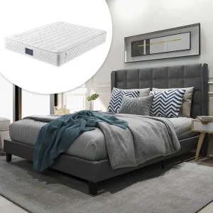 Gestoffeerd bed met hoofdeinde – 140 x 200 cm – linnen stof – boxspring + matras – grijs