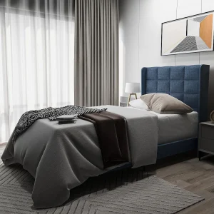 Gestoffeerd volwassenenbed met hoofdeinde – 90 x 200 cm – linnen stof – blauw Gestoffeerd volwassenenbed met hoofdeinde – 90 x 200 cm – linnen stof – blauw