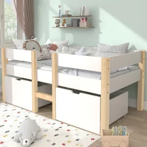 Halfhoog bed 90 x 190 cm voor kinderen – 2 lades – Massief grenenhout – Wit