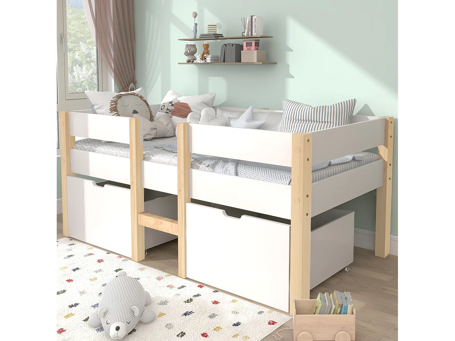 Halfhoog bed 90 x 190 cm voor kinderen - 2 lades - Massief grenenhout - Wit