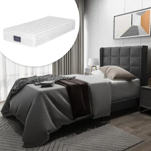 Gestoffeerd bed met hoofdeinde – 90 x 200 cm – linnenstof – boxspring + matras – grijs Gestoffeerd bed met hoofdeinde – 90 x 200 cm – linnenstof – boxspring + matras – grijs