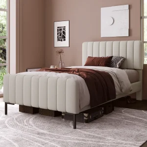 Gestoffeerd bed 90 x 200 cm met verstelbaar hoofdeinde – linnen stof – beige