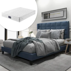 Gestoffeerd bed met hoofdeinde – 140 x 200 cm – linnen stof – boxspring + matras – blauw