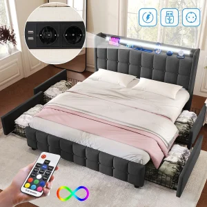 Gewatteerd bed voor volwassenen 160 x 200 cm met 4 laden – USB + LED's – linnenstof – grijs Gewatteerd bed voor volwassenen 160 x 200 cm met 4 laden – USB + LED's – linnenstof – grijs