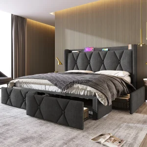 Gestoffeerd bed 140 x 200 cm met hoofdeinde en 4 lades – USB – linnen stof – grijs Gestoffeerd bed 140 x 200 cm met hoofdeinde en 4 lades – USB – linnen stof – grijs