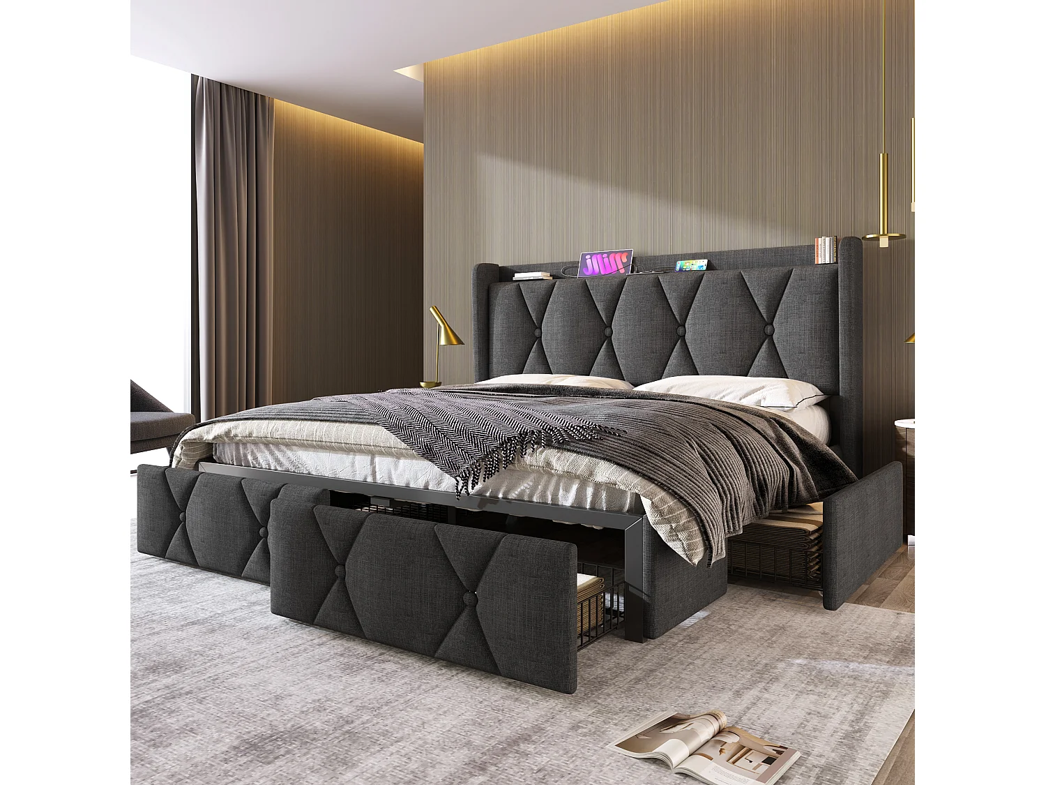 Gestoffeerd bed 140 x 200 cm met hoofdeinde en 4 lades - USB - linnen stof - grijs