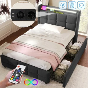 Gestoffeerd kinderbed 90 x 200 cm met 2 lades – USB + LED's – linnen stof – grijs Gestoffeerd kinderbed 90 x 200 cm met 2 lades – USB + LED's – linnen stof – grijs