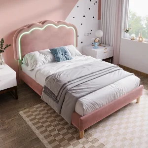 Gestoffeerd bed 90 x 200 cm met verstelbaar hoofdeinde voor slaapkamer – LED's – fluweel – roze