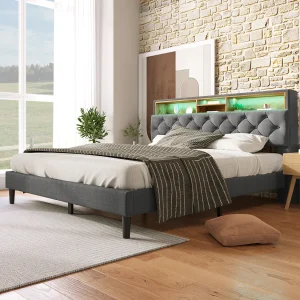 Gestoffeerd bed 140 x 200 cm met borsthoofdeinde – LED's – linnenstof – grijs Gestoffeerd bed 140 x 200 cm met borsthoofdeinde – LED's – linnenstof – grijs