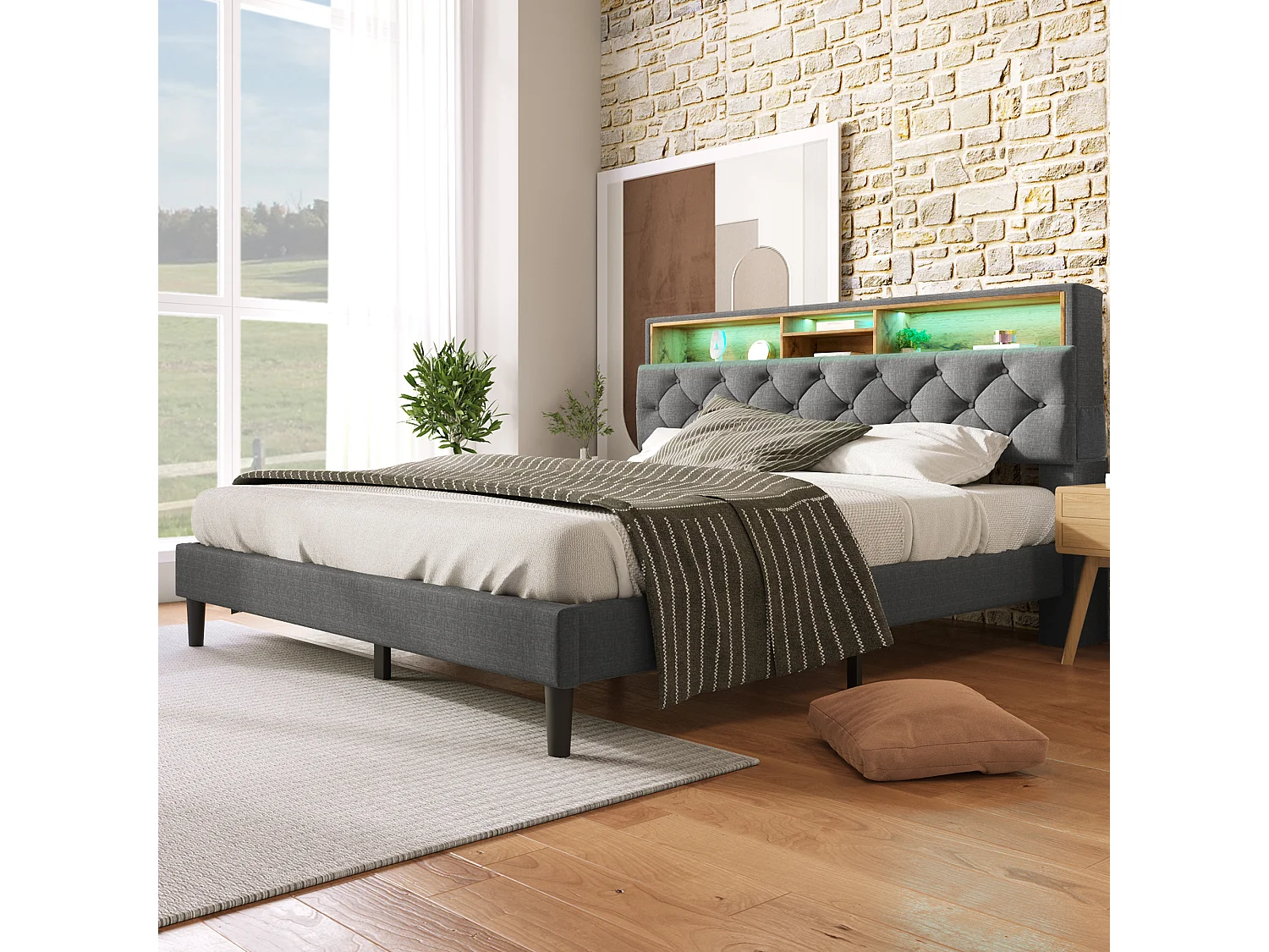 Gestoffeerd bed 140 x 200 cm met borsthoofdeinde - LED's - linnenstof - grijs