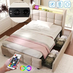 Gestoffeerd kinderbed 90 x 200 cm met 2 lades – USB + LED's – linnenstof – beige Gestoffeerd kinderbed 90 x 200 cm met 2 lades – USB + LED's – linnenstof – beige