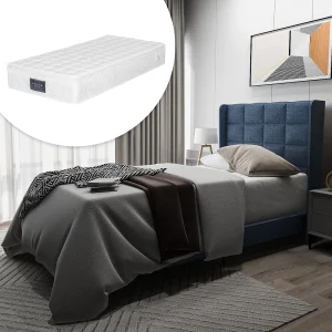 Gestoffeerd bed met hoofdeinde – 90 x 200 cm – linnenstof – boxspring + matras – blauw Gestoffeerd bed met hoofdeinde – 90 x 200 cm – linnenstof – boxspring + matras – blauw