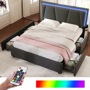 Gestoffeerd volwassenenbed 140x200cm met LED-verlichting en 4 lades – verstelbaar hoofdeinde – grijs linnen Gestoffeerd volwassenenbed 140x200cm met LED-verlichting en 4 lades – verstelbaar hoofdeinde – grijs linnen