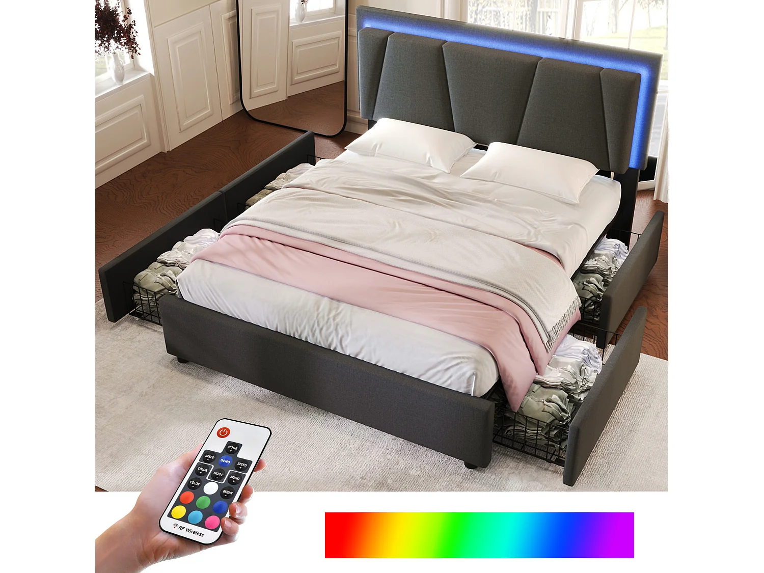 Gestoffeerd volwassenenbed 140x200cm met LED-verlichting en 4 lades - verstelbaar hoofdeinde - grijs linnen