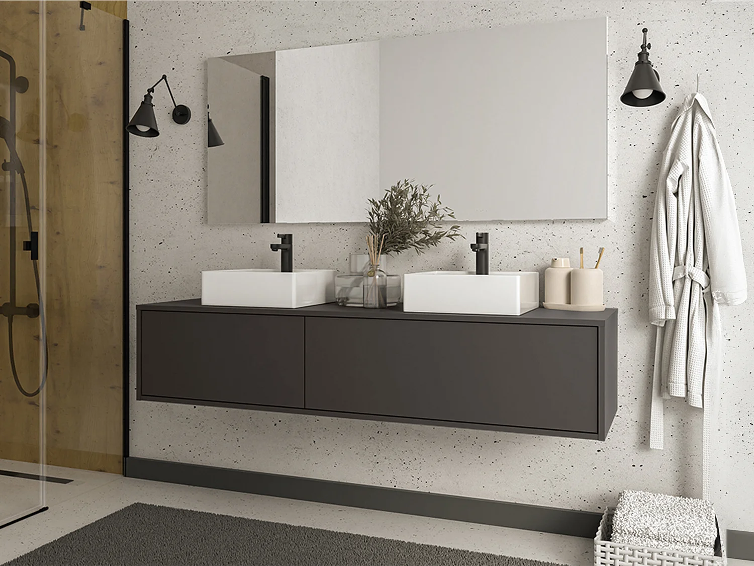 Hangende badkamermeubel met dubbele wastafel, antracietgrijs, L150 x H32 cm, ISAURE