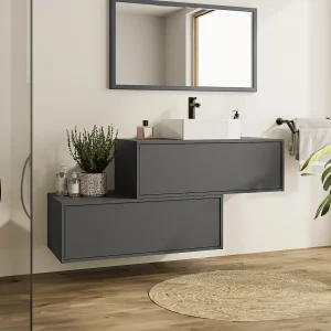 Hangende badkamermeubel enkele wastafel, antraciet grijs, 2 laden, 94 cm, TEANA
