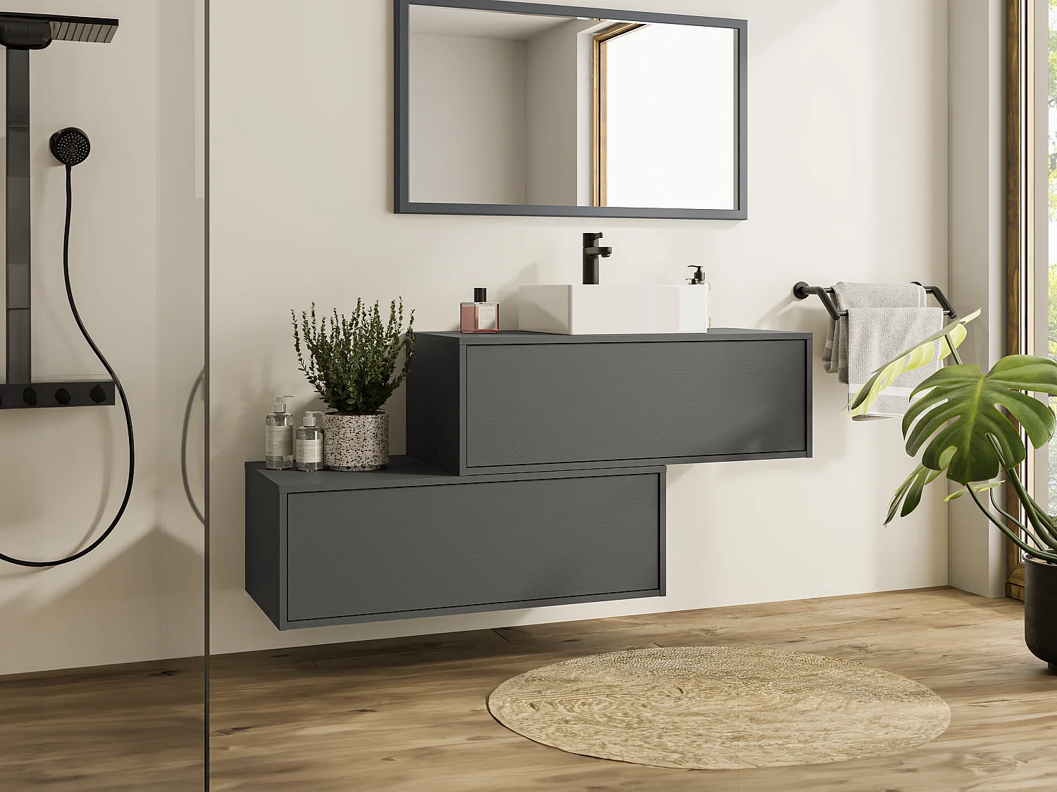 Hangende badkamermeubel enkele wastafel, antraciet grijs, 2 laden, 94 cm, TEANA