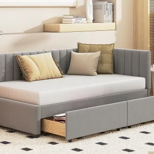 Gestoffeerd bed 90 x 200 cm – Slaapbank met 2 lades – Fluweel – Grijs