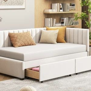 Gestoffeerd bed 90 x 200 cm – Slaapbank met 2 lades – Fluweel – Beige