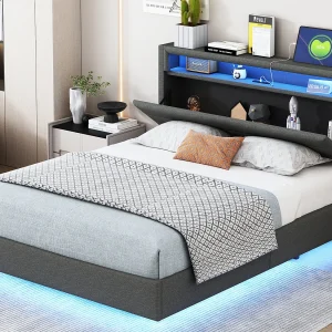 Gestoffeerd bed 140 x 200 cm – USB-aansluiting + LED's – omkeerbaar hoofdeinde – linnen stof – grijs Gestoffeerd bed 140 x 200 cm – USB-aansluiting + LED's – omkeerbaar hoofdeinde – linnen stof – grijs