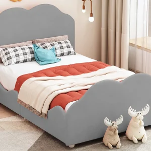 Gestoffeerd kinderbed 90 x 200 cm met hoofdeinde – Fluweel – wolkvorm – Grijs Gestoffeerd kinderbed 90 x 200 cm met hoofdeinde – Fluweel – wolkvorm – Grijs
