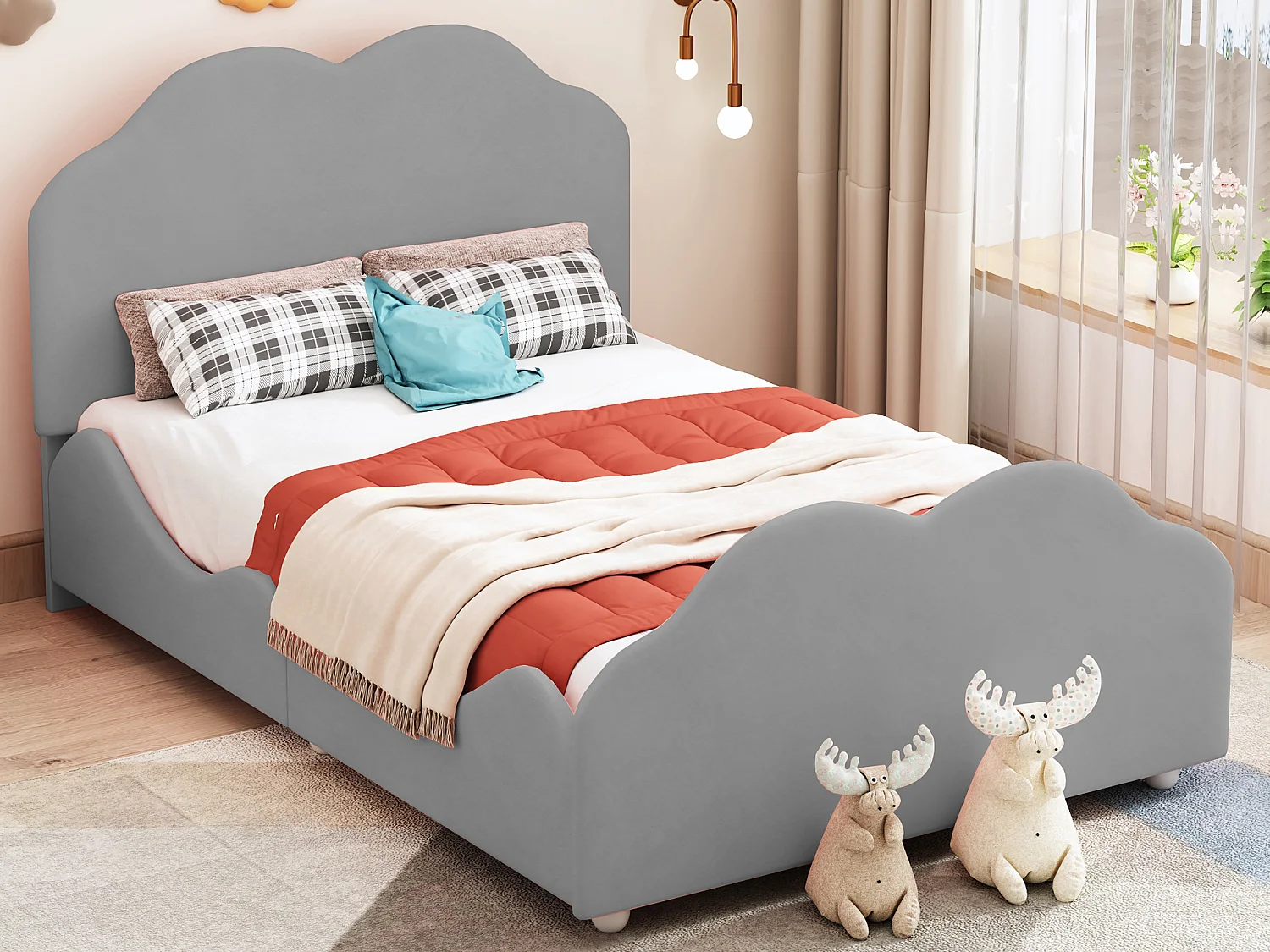 Gestoffeerd kinderbed 90 x 200 cm met hoofdeinde - Fluweel - wolkvorm - Grijs