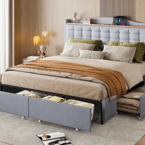 Gestoffeerd bed 160 x 200 cm met 4 lades en plank – USB-oplaadpoort – grijs Gestoffeerd bed 160 x 200 cm met 4 lades en plank – USB-oplaadpoort – grijs