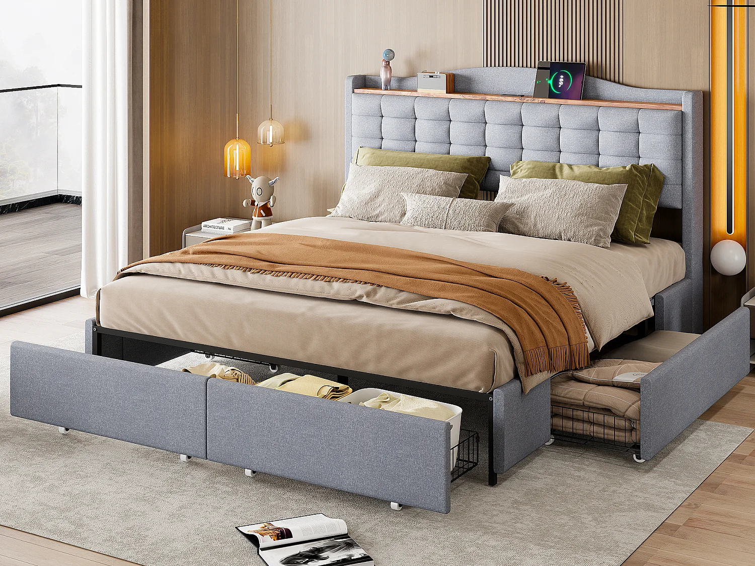Gestoffeerd bed 160 x 200 cm met 4 lades en plank - USB-oplaadpoort - grijs